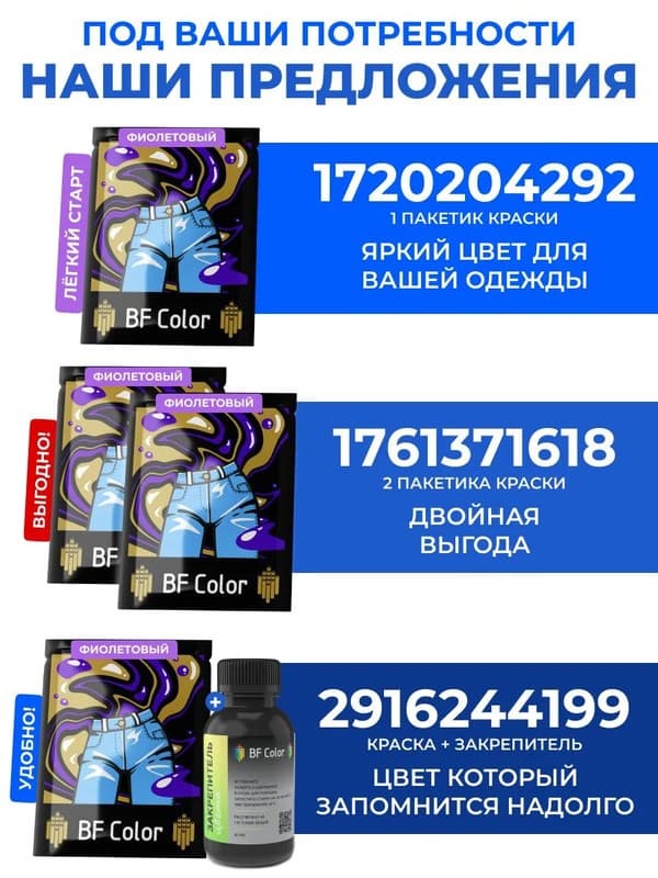Фиолетовая краска для натуральных тканей BFColor на 1 кг вещей