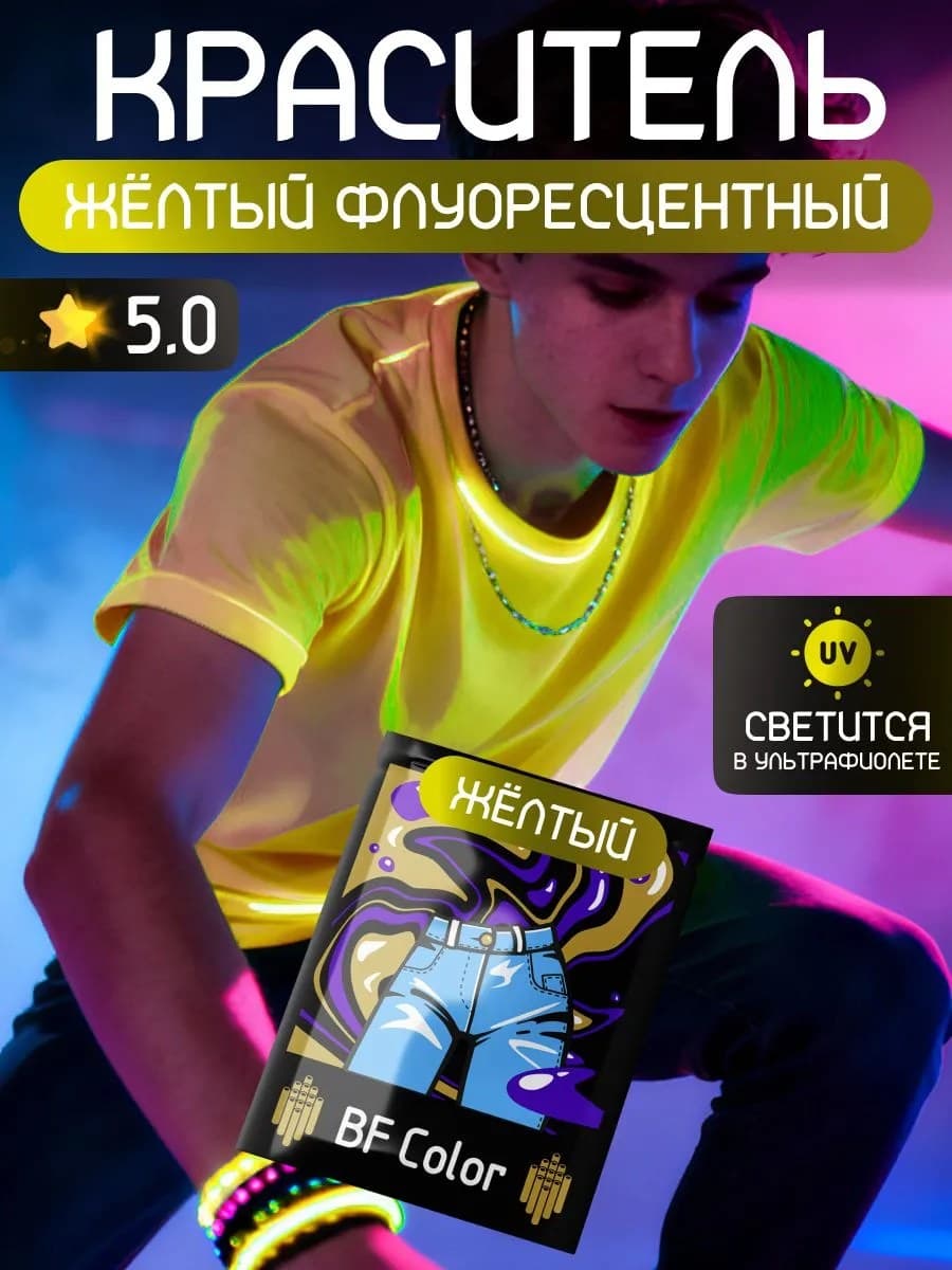 Желтая флуоресцентная краска для натуральных тканей BFColor на 1 кг вещей